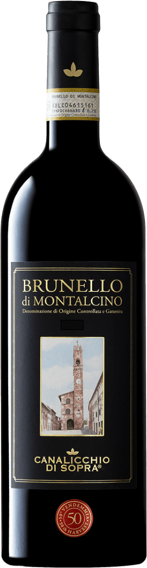 Het label toont een afbeelding van een traditioneel ogend gebouw of kasteel in een rechthoekig kader, met daarboven de naam 'Brunello di Montalcino'. Onderaan staat de naam van de producent 'Canalicchio di Sopra'. Er is ook een zegel met '50' erop zichtbaar.