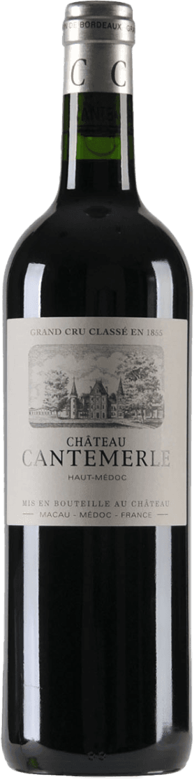 Het label toont een gedetailleerde tekening van een kasteel met daarboven de tekst 'Grand Cru Classé en 1855'. Onder de tekening staat 'Château Cantemerle' in grote letters, gevolgd door 'Haut-Médoc'. Onderaan het label staan details over de herkomst en botteling van de wijn.