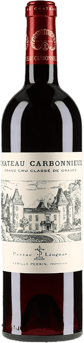 Het label toont een gedetailleerde tekening van een kasteel, met bomen en struiken eromheen. Bovenaan staat de naam van het château in grote letters, met daaronder 'Grand Cru Classé de Graves'. Onderaan staan kleinere teksten die verwijzen naar Pessac-Léognan en de familie Perrin.