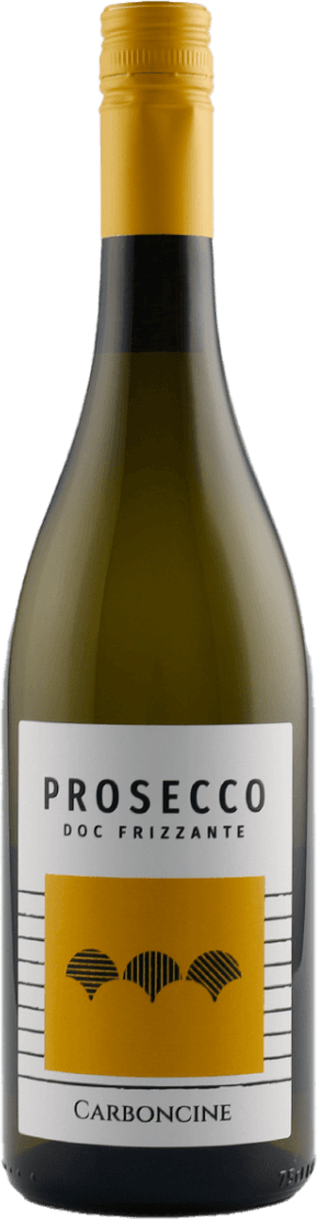 Het label heeft een minimalistisch ontwerp met een witte achtergrond. In het midden is er een geel rechthoekig vlak met daarin drie gestileerde zwarte schelpen of halve cirkels, die horizontaal zijn uitgelijnd. Boven de gele vorm staat in grote zwarte letters 'PROSECCO DOC FRIZZANTE'. Onderaan het label staat 'CARBONCINE' in hoofdletters.