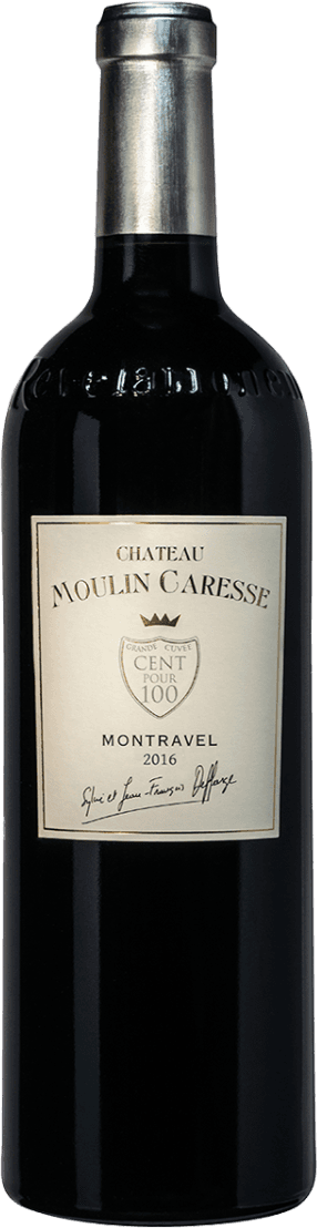 Het label is elegant en traditioneel met een crèmekleurige achtergrond. In het midden staat de naam 'Château Moulin Caresse' in klassieke letters, met daaronder een klein familiewapen of embleem dat 'Cent pour 100' vermeldt. Onderaan staan de woorden 'Montravel 2016' en handtekeningen van de wijnmakers.