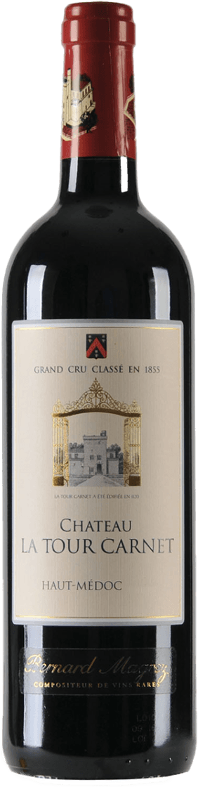 Het label toont een afbeelding van een kasteel met gouden poorten aan weerszijden. Bovenaan staat 'Grand Cru Classé en 1855'. Onder de afbeelding staan de woorden 'CHATEAU LA TOUR CARNET' en 'HAUT-MÉDOC'. Het ontwerp is traditioneel en elegant.