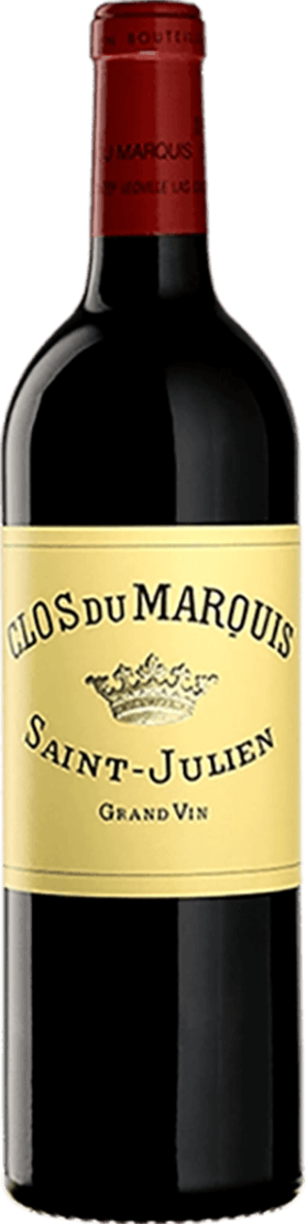 Het label toont de tekst 'Clos du Marquis' en 'Saint-Julien Grand Vin' met een kroon in het midden. Het heeft een klassieke en traditionele uitstraling.