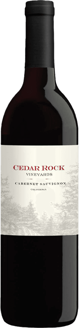 Het label is wit met een minimalistisch ontwerp. De naam 'CEDAR ROCK' staat in grote rode letters bovenaan, gevolgd door 'VINEYARDS' en 'CABERNET SAUVIGNON CALIFORNIA' in kleinere zwarte letters. Er is een subtiele tekening van bomen of een landschap in grijstinten op de achtergrond.