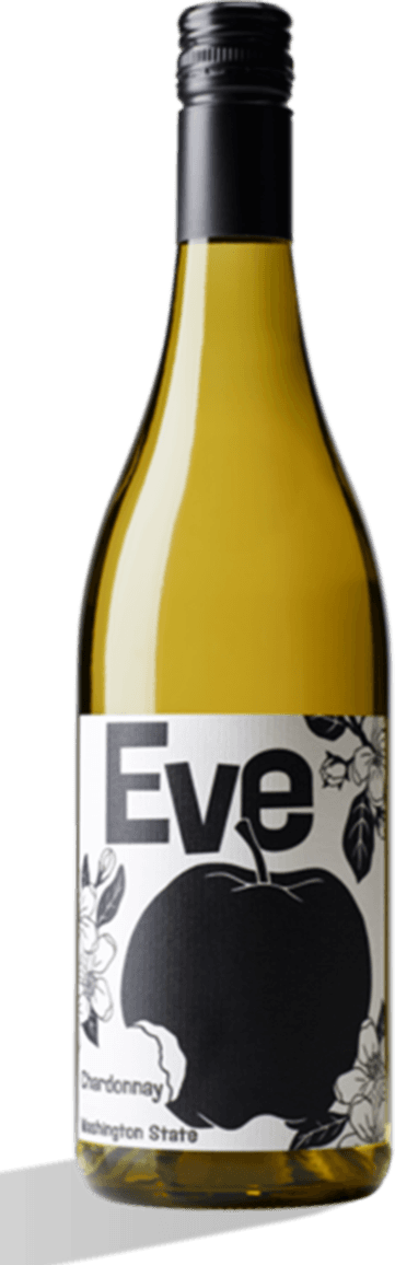 Het label toont een grote zwarte appel in het midden. Boven de appel staat groot het woord 'Eve'. Rondom de appel zijn er bloem- en bladmotieven in zwart-wit te zien.