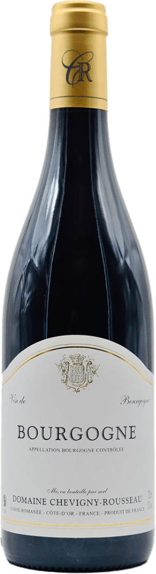 Het label is vrij traditioneel en minimalistisch. Het bevat een familiewapen in het midden bovenaan, met daaronder de tekst 'BOURGOGNE' in grote letters. Onder deze tekst staat 'APPELLATION BOURGUIGNON CONTROLEE', gevolgd door de naam van de producent 'DOMAINE CHEVIGNY-ROUSSEAU'. Er zijn geen afbeeldingen van fruit, dieren of andere elementen aanwezig.