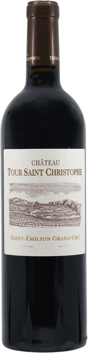 Het label toont een gedetailleerde tekening van een wijnlandschap met wijngaarden en mogelijk een kasteel in de verte. De tekst 'CHÂTEAU TOUR SAINT CHRISTOPHE' en 'SAINT-ÉMILION GRAND CRU' zijn prominent aanwezig.