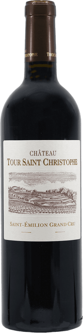 Het label toont een gedetailleerde tekening van een wijngaardlandschap met terrassen en gebouwen, waarschijnlijk een weergave van het Château. De tekst vermeldt de naam van het château en de aanduiding 'Saint-Émilion Grand Cru'.