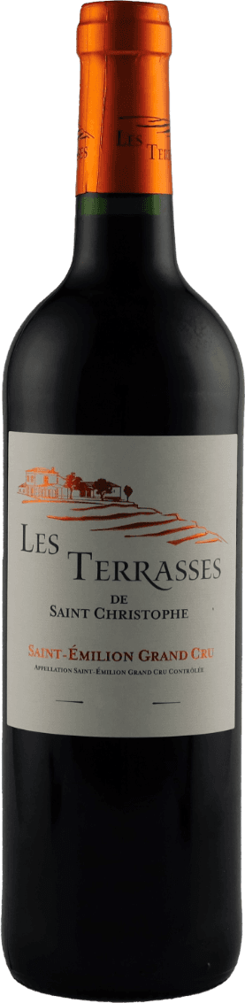 Het label toont een afbeelding van een kasteel of gebouw met daaronder de tekst 'LES TERRASSES DE SAINT CHRISTOPHE'. De kleuren zijn overwegend wit en oranje, met zwarte letters voor de tekst. Het ontwerp is minimalistisch en traditioneel.