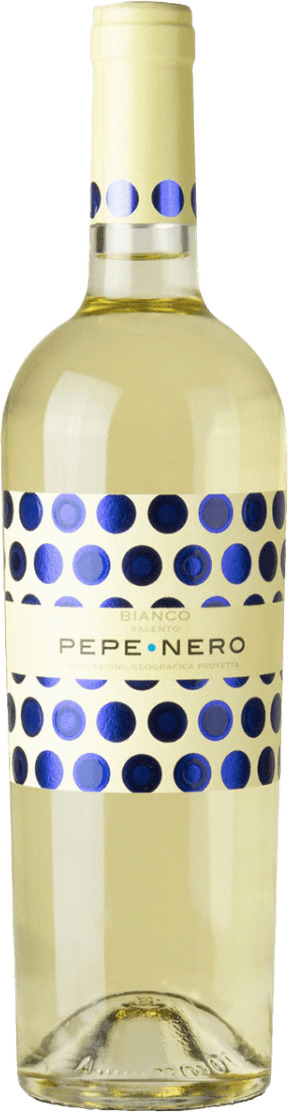 Het label heeft een patroon van blauwe cirkels tegen een lichte achtergrond, met de tekst 'PEPE NERO' in het midden.