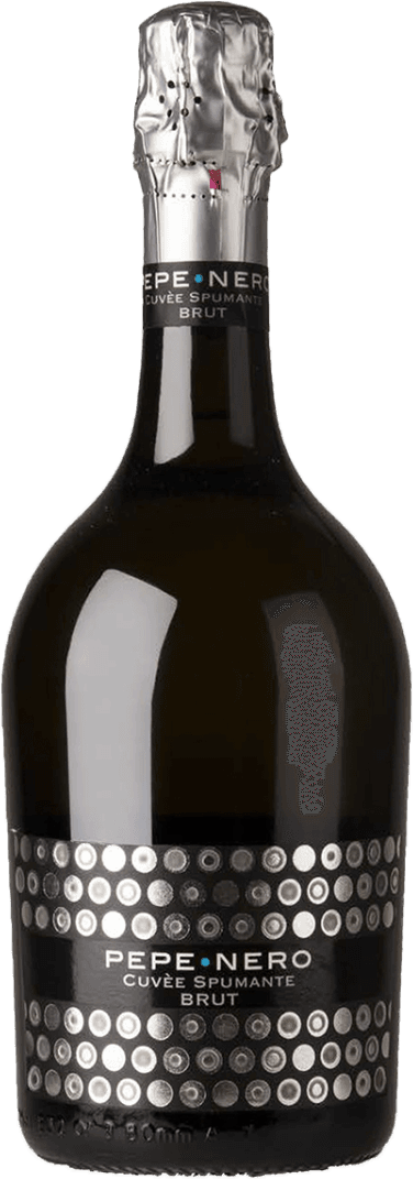 Het label toont een patroon van zilveren cirkels op een zwarte achtergrond, met de tekst 'PEPE•NERO CUVÉE SPUMANTE BRUT' centraal geplaatst. De stijl is modern en minimalistisch.