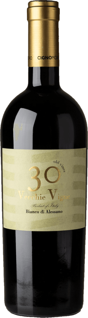 The label features a large number '30' in gold with the words 'Vecchie Vigne' underneath. The background has subtle horizontal stripes, and there is additional text indicating it's a product of Italy and specifying 'Bianco di Alessano'.