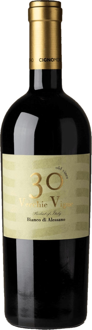 Het label toont grote gouden cijfers '30' met daaronder de tekst 'Vecchie Vigne'. Het heeft een minimalistische uitstraling met horizontale strepen in een subtiele tint.