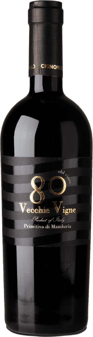 Het label toont een groot getal '80' in goudkleur, met daaronder de tekst 'Vecchie Vigne'. Het ontwerp is strak en modern met horizontale zwarte strepen op een glanzende achtergrond.