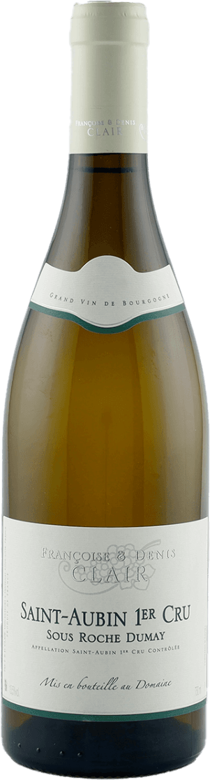 Het label heeft een traditionele uitstraling met de naam 'Saint-Aubin 1er Cru Sous Roche Dumay' prominent aanwezig. Er is een familienaam 'Françoise & Denis Clair' bovenaan het label vermeld. Het bevat ook termen zoals 'Grand Vin De Bourgogne' en andere Franse wijntermen. Het ontwerp is eenvoudig en strak, zonder afbeeldingen of illustraties.