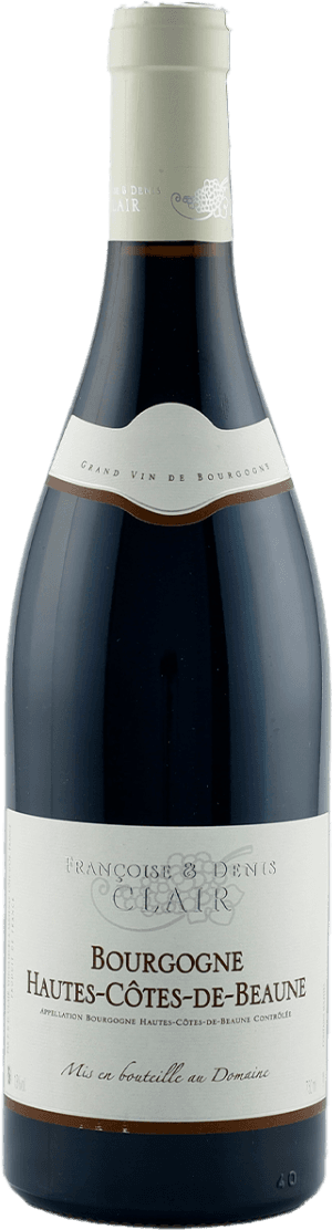 Het label toont de naam 'François & Denis Clair' met daaronder 'Bourgogne Hautes-Côtes-de-Beaune'. Er is een tekening van een druiventros en de tekst 'Grand Vin de Bourgogne'.