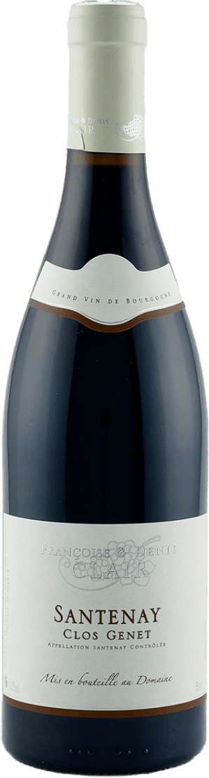 Het label van de wijnfles toont een minimalistisch ontwerp met de naam 'Santenay Clos Genet' in grote letters. Er is een subtiele afbeelding van druiventrossen en bladeren op de achtergrond, die bijna als een watermerk fungeert. De tekst is strak en traditioneel, zonder extra versieringen.