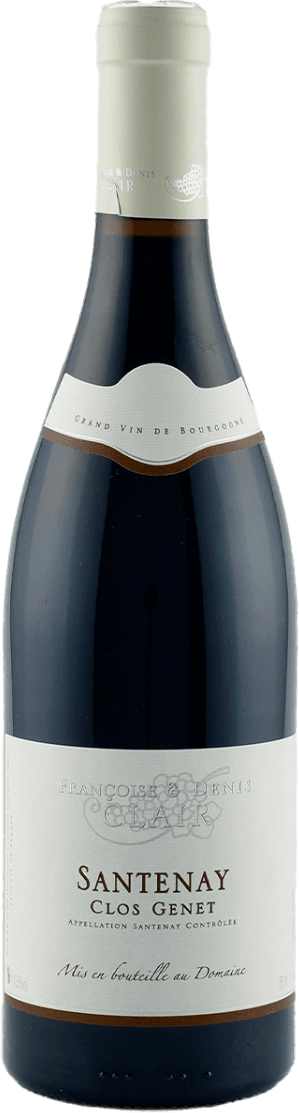 Het label toont de naam 'Santenay Clos Genet' met daarboven 'Françoise & Denis Clair'. Het heeft een minimalistische en traditionele uitstraling met een focus op de tekst.