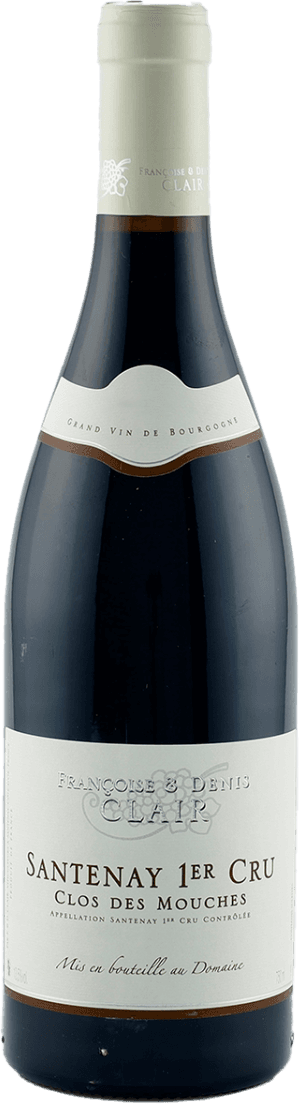 Het label toont de naam 'Santenay 1er Cru Clos des Mouches' in een traditionele stijl. Bovenaan staat 'Françoise & Denis Clair' met een sierlijke druivenillustratie. Onderaan staat 'Grand Vin de Bourgogne'. Het geheel heeft een klassieke uitstraling.
