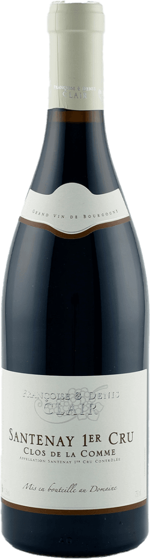 Het label is traditioneel met tekst in een klassieke opmaak. Het vermeldt de naam van de wijn, 'Santenay 1er Cru Clos de la Comme', en de producent. Er is een reliëf zichtbaar met druiven en tekst bovenaan het label.