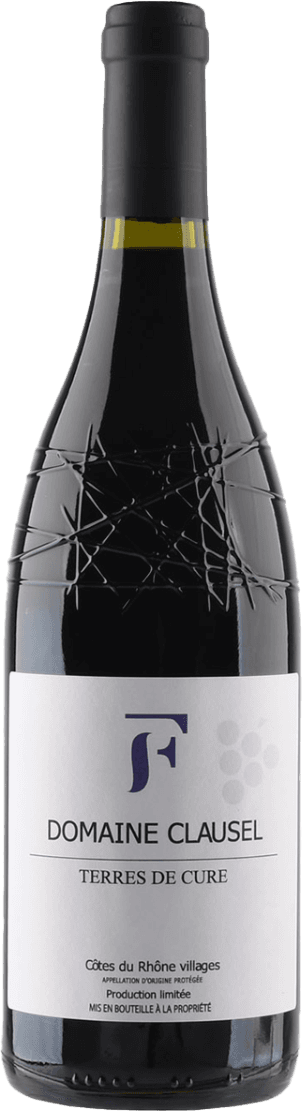 Het label is minimalistisch en wit, met een grote letter 'F' in het midden boven de tekst 'Domaine Clausel'. Er zijn ook enkele gestileerde druiven afgebeeld naast de tekst. De stijl is strak en modern.