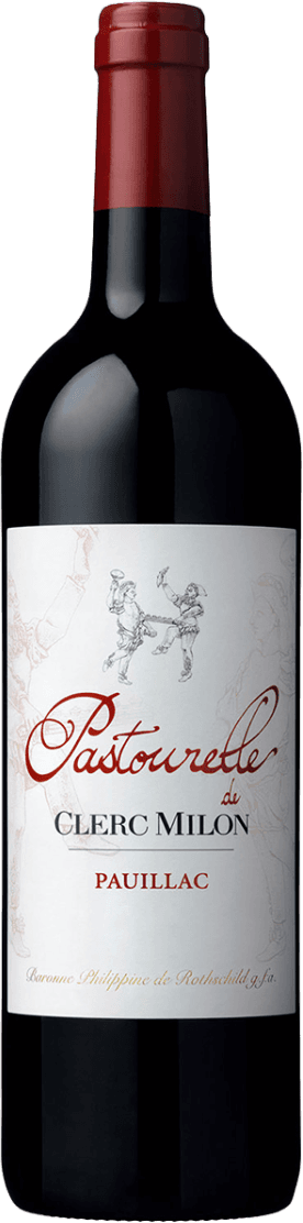Het label toont twee dansende figuren, wat een kunstzinnig en speels element toevoegt. De naam 'Pastourelle de Clerc Milon' is prominent aanwezig in elegante letters, met daaronder 'Pauillac'. Er is een subtiele achtergrond van schetsen die de dansende figuren aanvullen.
