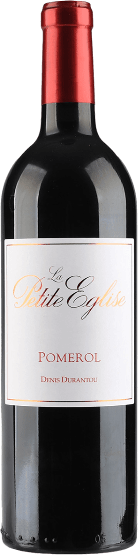 Het label is vrij minimalistisch met sierlijke letters. De naam van de wijn, 'La Petite Eglise', staat prominent in een elegante, cursieve stijl. Onder de naam staat 'Pomerol' in hoofdletters en daaronder 'Denis Durantou'. Er zijn geen afbeeldingen of illustraties op het label.