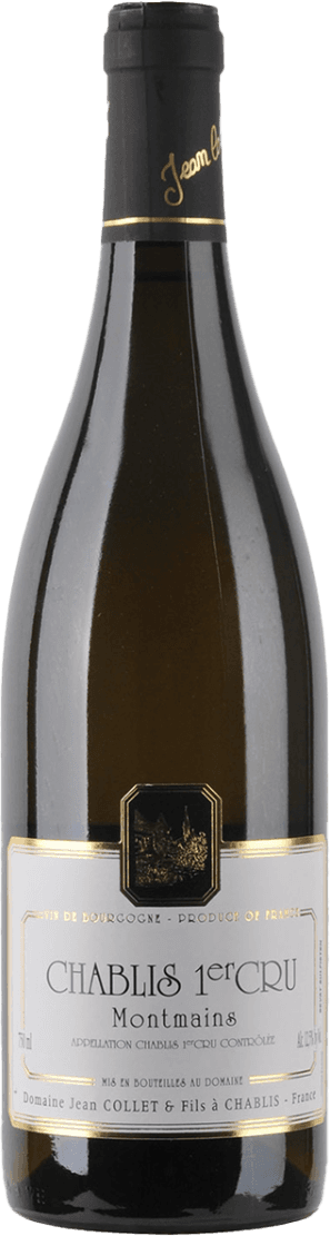 Het label heeft een klassieke uitstraling met een zwart-wit kleurenpalet. Er is een afbeelding van een kasteel of wijnhuis in het midden, omgeven door sierlijke lijnen en teksten in elegante lettertypes. De naam 'Chablis 1er Cru Montmains' staat prominent vermeld.