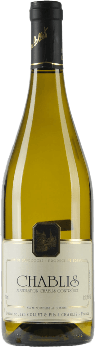 Het label van de wijnfles toont een traditioneel ontwerp met een embleem in het midden. Daarboven staat in grote letters 'CHABLIS', gevolgd door kleinere tekst die de appellation en producent beschrijft. Het embleem lijkt op een familiewapen of kasteel, wat duidt op traditie en erfgoed.