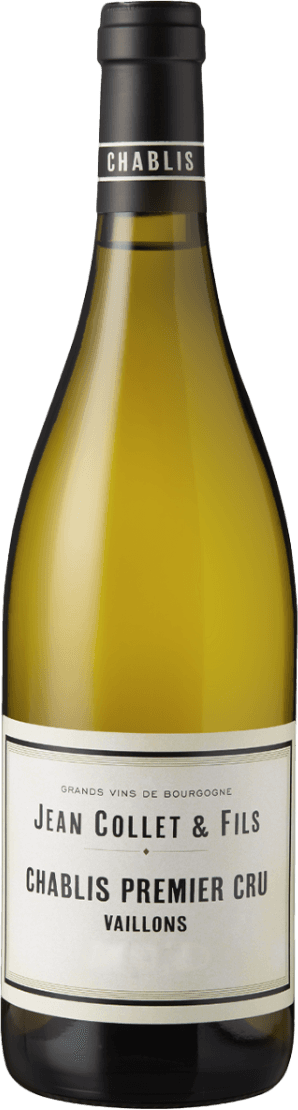 Het label is minimalistisch en traditioneel met de tekst 'Jean Collet & Fils' en 'Chablis Premier Cru Vaillons'. Het heeft een klassieke uitstraling met eenvoudige typografie.
