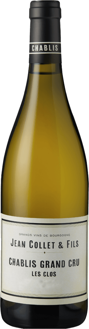Het label is minimalistisch met de tekst 'Jean Collet & Fils' en 'Chablis Grand Cru Les Clos'. Het heeft een klassieke en strakke uitstraling.