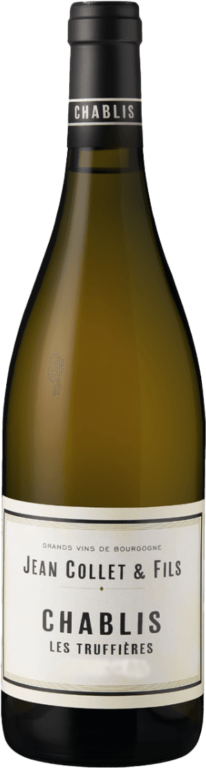 Het label is minimalistisch met de naam 'Jean Collet & Fils' en 'Chablis Les Truffières' in duidelijke, zwarte letters. Er zijn geen afbeeldingen of decoraties, alleen tekst op een lichte achtergrond.