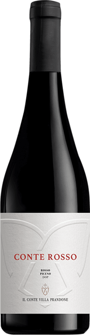Het label is wit en minimalistisch vormgegeven, met een subtiel reliëf van een abstract patroon dat lijkt op een schild of een gestileerde letter. De tekst 'CONTE ROSSO' staat prominent in rood, met daaronder kleinere zwarte tekst en een klein familiewapen. Het geheel oogt strak, modern en klassiek tegelijk, zonder afbeeldingen van dieren, fruit, bloemen of landschappen.