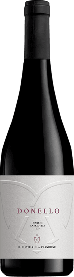 Het label is minimalistisch en elegant met een witte achtergrond. In het midden staat de naam 'DONELLO' in grote, paarse letters. Onder de naam staat 'Marche Sangiovese IGP' in kleinere zwarte letters en daaronder het logo van Il Conte Villa Prandone, dat lijkt op een gestileerd schild of embleem.