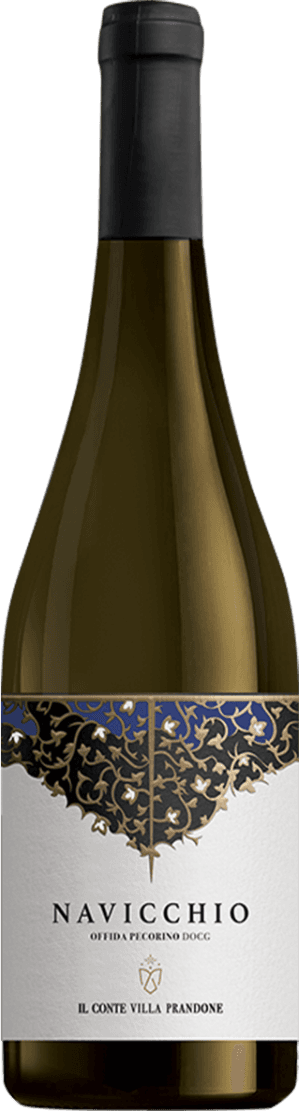 Het label heeft een elegante en klassieke uitstraling met een patroon van zwarte en gouden krullen aan de bovenkant. Het centrale deel van het label is wit met de naam 'NAVICCHIO' in grote, duidelijke letters.