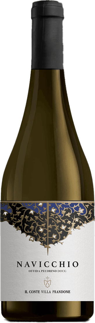 Het label toont een decoratief patroon met gouden en blauwe elementen bovenaan, met daaronder de naam 'Navicchio Offida Pecorino DOCG' in zwarte letters op een witte achtergrond. Er is een klein embleem onder de tekst.