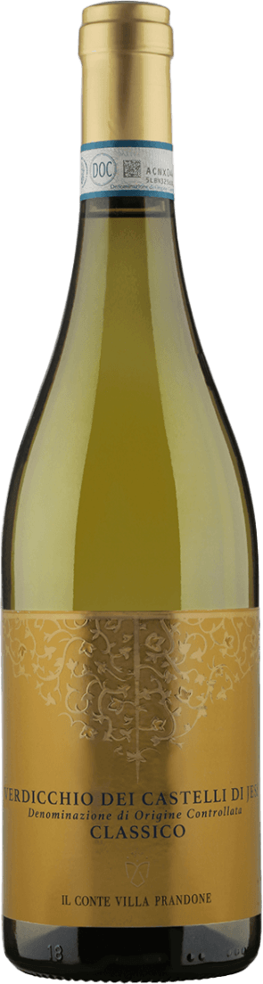 Het label is goudkleurig met een sierlijk, decoratief patroon van ranken en bladeren in het midden, wat een klassieke en elegante uitstraling geeft. Het label bevat verder zwarte tekst en onderaan een klein familiewapen of schild. Het geheel oogt stijlvol en traditioneel, zonder felle kleuren of moderne illustraties.