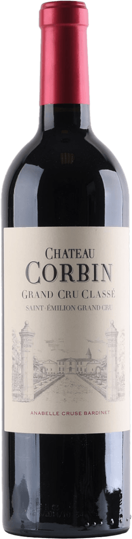 Het label toont een gedetailleerde tekening van het kasteel Château Corbin. De naam 'Château Corbin' en andere teksten zoals 'Grand Cru Classé' staan prominent op de bovenste helft van het label. Het ontwerp is klassiek en elegant, met een traditionele uitstraling.