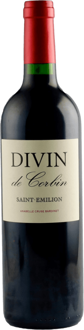Het label toont de tekst 'DIVIN de Corbin' in grote, duidelijke letters. Daaronder staat 'SAINT-EMILION' en nog een naam in kleinere letters. Het ontwerp is eenvoudig en minimalistisch, zonder afbeeldingen of illustraties.