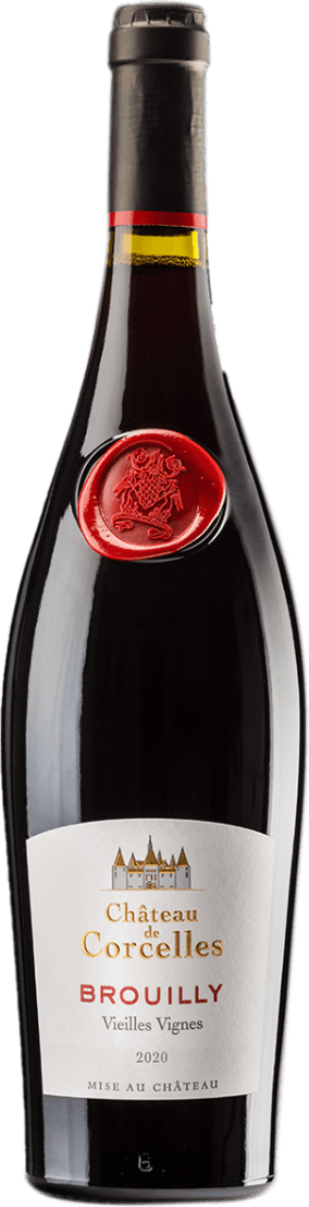 Het label toont de naam 'Château de Corcelles' en 'Brouilly'. Er is een afbeelding van een kasteel boven de tekst. Het ontwerp is vrij traditioneel met strakke lijnen en weinig versieringen.