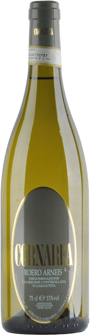 Het label heeft een grote ovale vorm met de naam 'Cornarea' prominent in goudkleurige letters. Daaronder staat 'Roero Arneis' en andere kleinere tekst in witte letters op een donkere achtergrond.