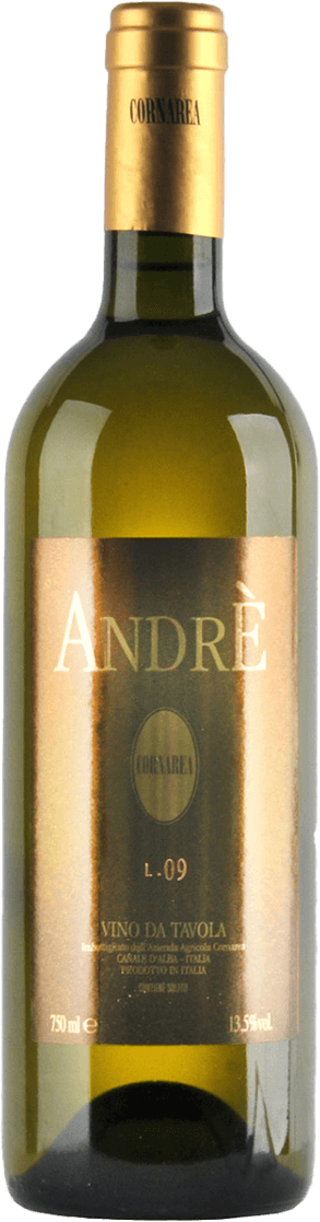 Het label toont de naam 'ANDRÈ' in grote letters met daaronder een ovaal met de tekst 'CORNAREA'. Het heeft een glanzende, metallic uitstraling.
