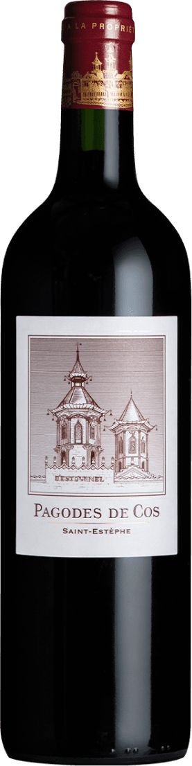Het label toont een gedetailleerde tekening van een kasteel of gebouw met pagodes. Onder de tekening staat de naam 'Pagodes de Cos' en daaronder 'Saint-Estèphe'.