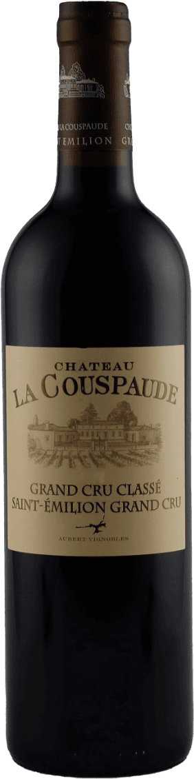 Het label toont een gedetailleerde tekening van een kasteel of wijnhuis in het midden. Boven de tekening staat de naam 'Château La Couspaude' in grote, klassieke letters. Onder de tekening staan termen als 'Grand Cru Classé' en 'Saint-Émilion Grand Cru', wat duidt op de classificatie en herkomst van de wijn.