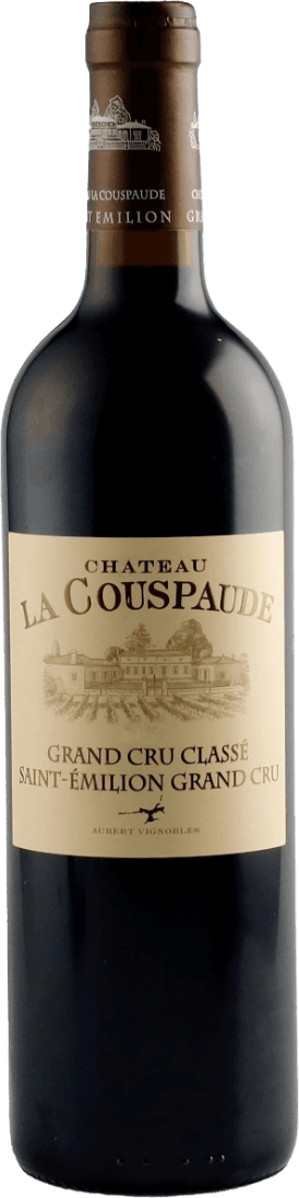 Het label toont een gedetailleerde tekening van een kasteel of wijnhuis, met daarboven in grote letters de naam 'Château La Couspaude'. Onder de tekening staat 'Grand Cru Classé' en 'Saint-Émilion Grand Cru' geschreven. Het ontwerp is klassiek en elegant, passend bij de traditionele uitstraling van veel Franse wijnen.
