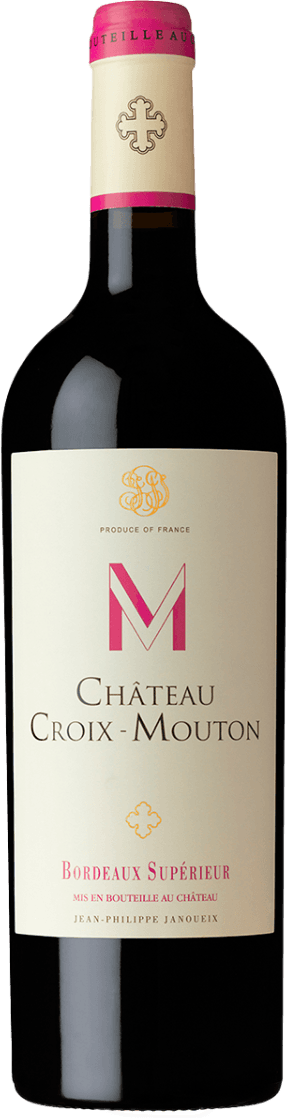 Het label toont een groot roze 'M' in het midden met daaronder de tekst 'Château Croix-Mouton'. Bovenaan is er een goudkleurig symbool en onderaan staat 'Bordeaux Supérieur'. Het ontwerp is vrij minimalistisch met een focus op typografie.