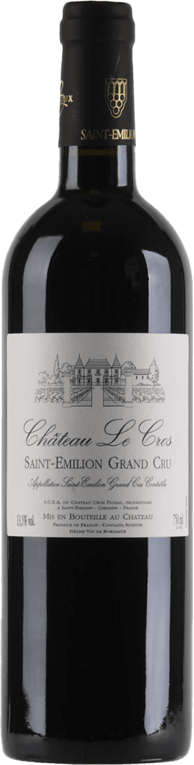 Het label toont een gedetailleerde tekening van een kasteel met de naam 'Château Le Cros' eronder. Daaronder staat 'Saint-Émilion Grand Cru' vermeld, samen met andere details over de appellatie en de wijn.
