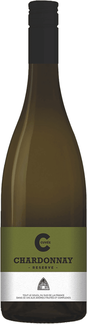 Het label heeft een minimalistische uitstraling met een groot 'C' symbool boven het woord 'Chardonnay'. Daaronder staat in kleinere letters 'Reserve'. Het onderste gedeelte van het label bevat een kleine afbeelding van een toren of gebouw.