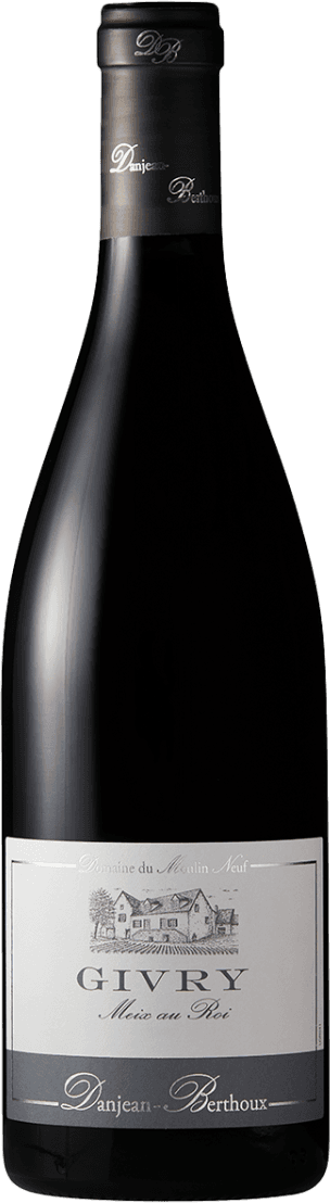 Het label toont een tekening van een traditioneel gebouw, mogelijk een wijnhuis of kasteel. Er is gebruik gemaakt van eenvoudige en elegante typografie met de naam 'Givry' prominent in het midden. Het ontwerp is minimalistisch met subtiele details.