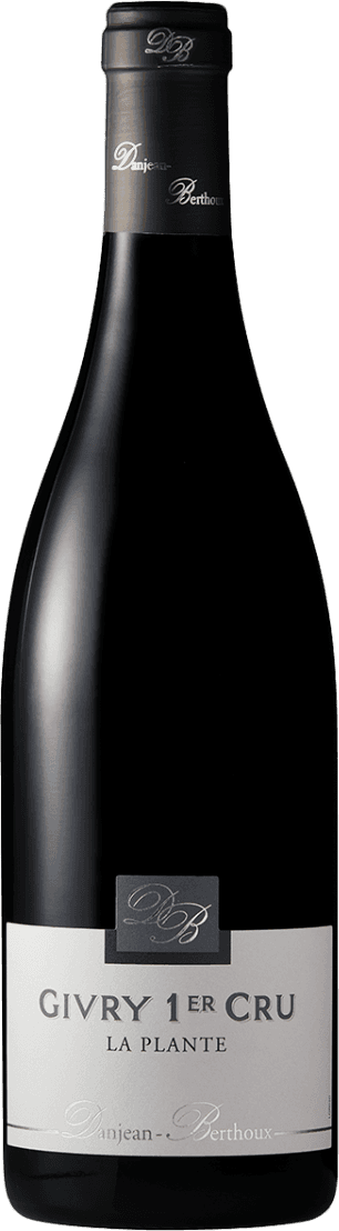 Het label is minimalistisch en traditioneel vormgegeven. Het bevat de tekst 'Givry 1er Cru La Plante' in grote letters, met daarboven een monogram 'DB'. Onderaan staat de naam 'Danjean-Berthoux'. Het geheel is strak en eenvoudig zonder afbeeldingen of kleurrijke elementen.